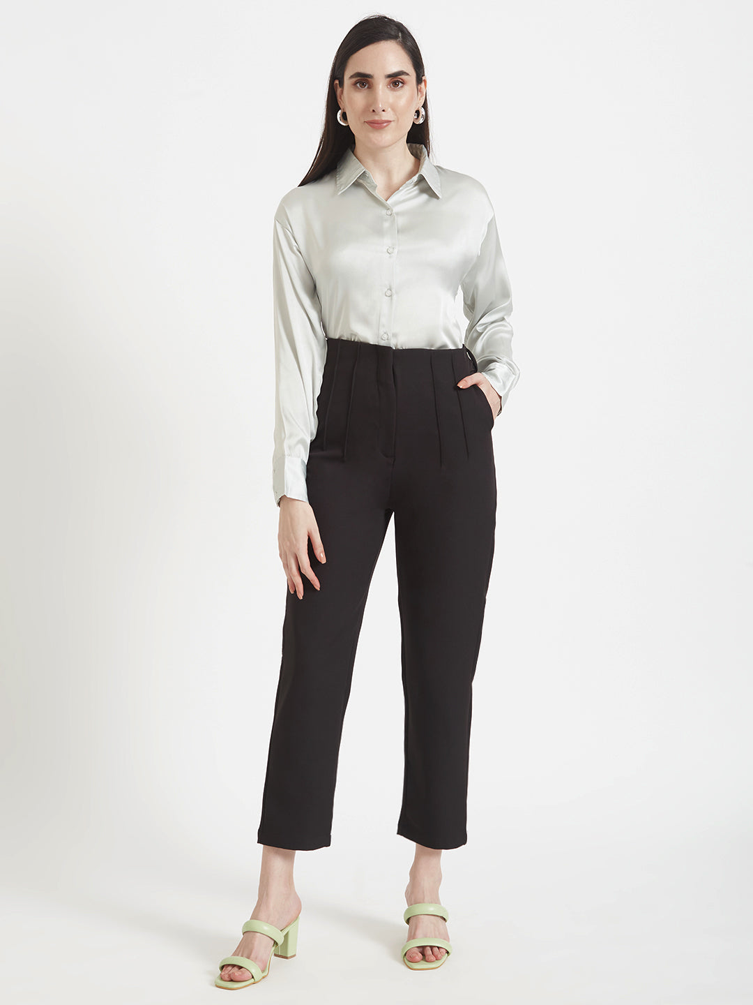 Women'S Premium Steel Grey Regular Fit Solid Satin Shirt With Black Pleated Trouser