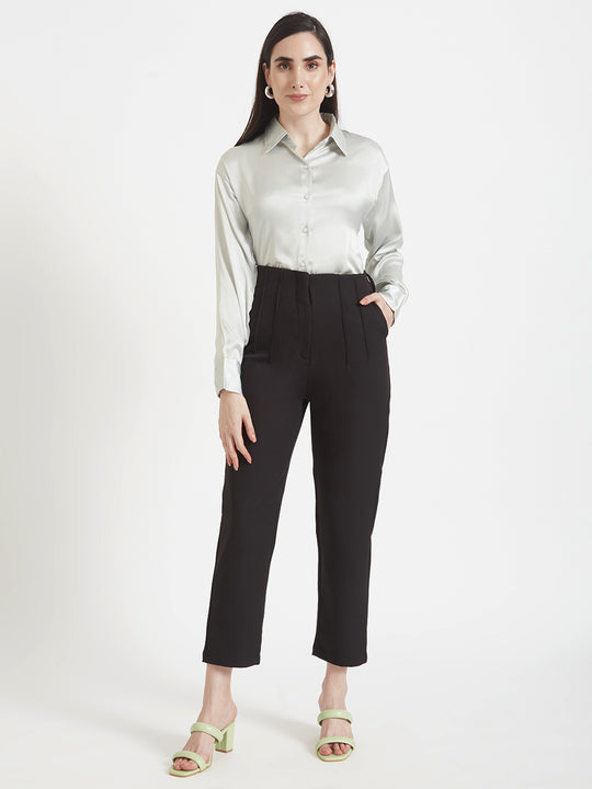 Women'S Premium Steel Grey Regular Fit Solid Satin Shirt With Black Pleated Trouser