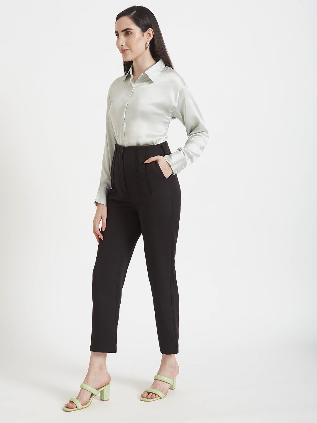 Women'S Premium Steel Grey Regular Fit Solid Satin Shirt With Black Pleated Trouser