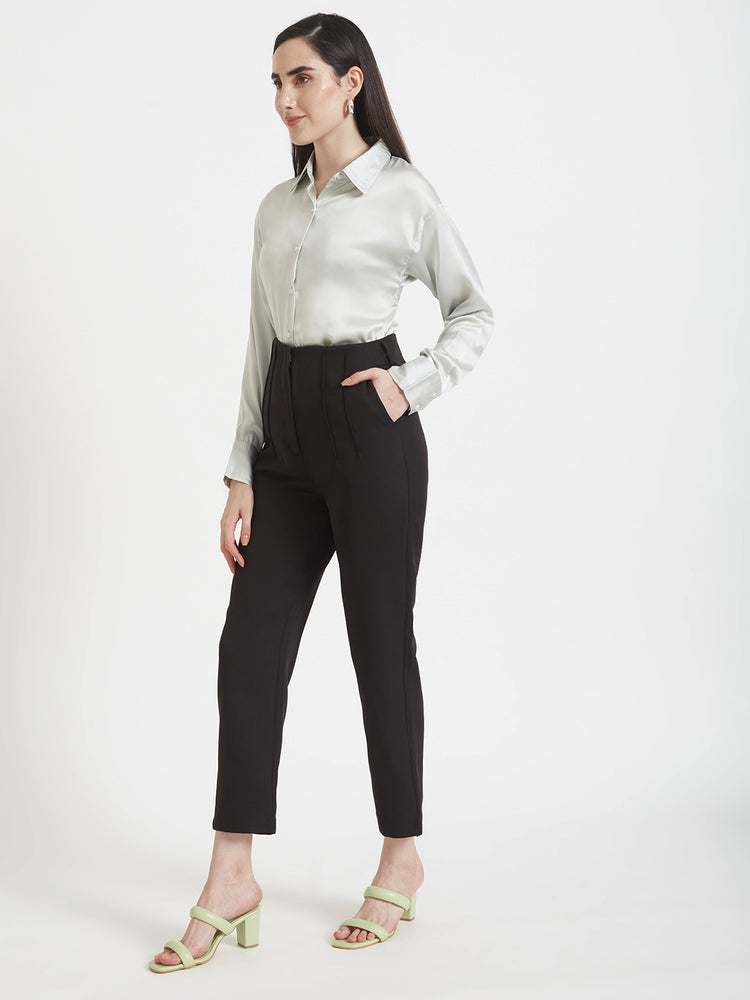 Women'S Premium Steel Grey Regular Fit Solid Satin Shirt With Black Pleated Trouser
