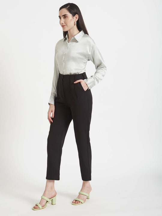 Women'S Premium Steel Grey Regular Fit Solid Satin Shirt With Black Pleated Trouser