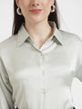 Women'S Premium Steel Grey Regular Fit Solid Satin Shirt With Black Pleated Trouser