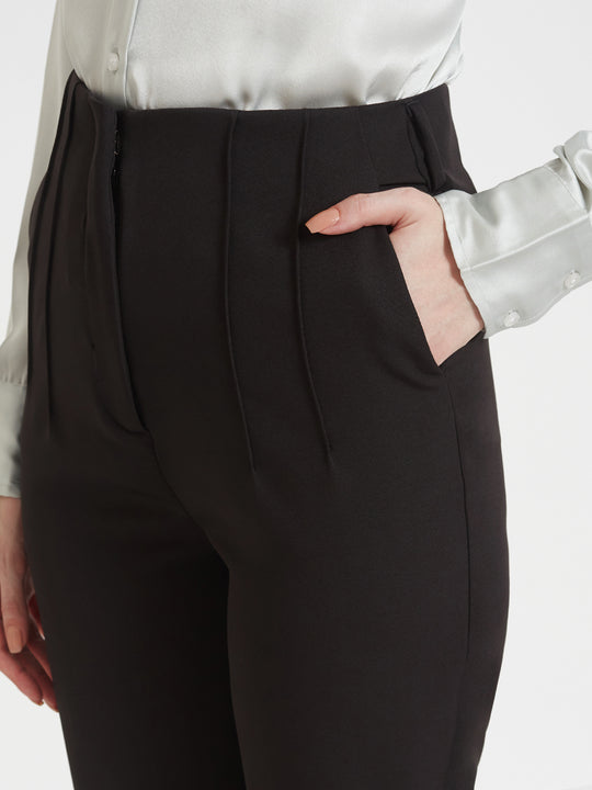 Women'S Premium Steel Grey Regular Fit Solid Satin Shirt With Black Pleated Trouser