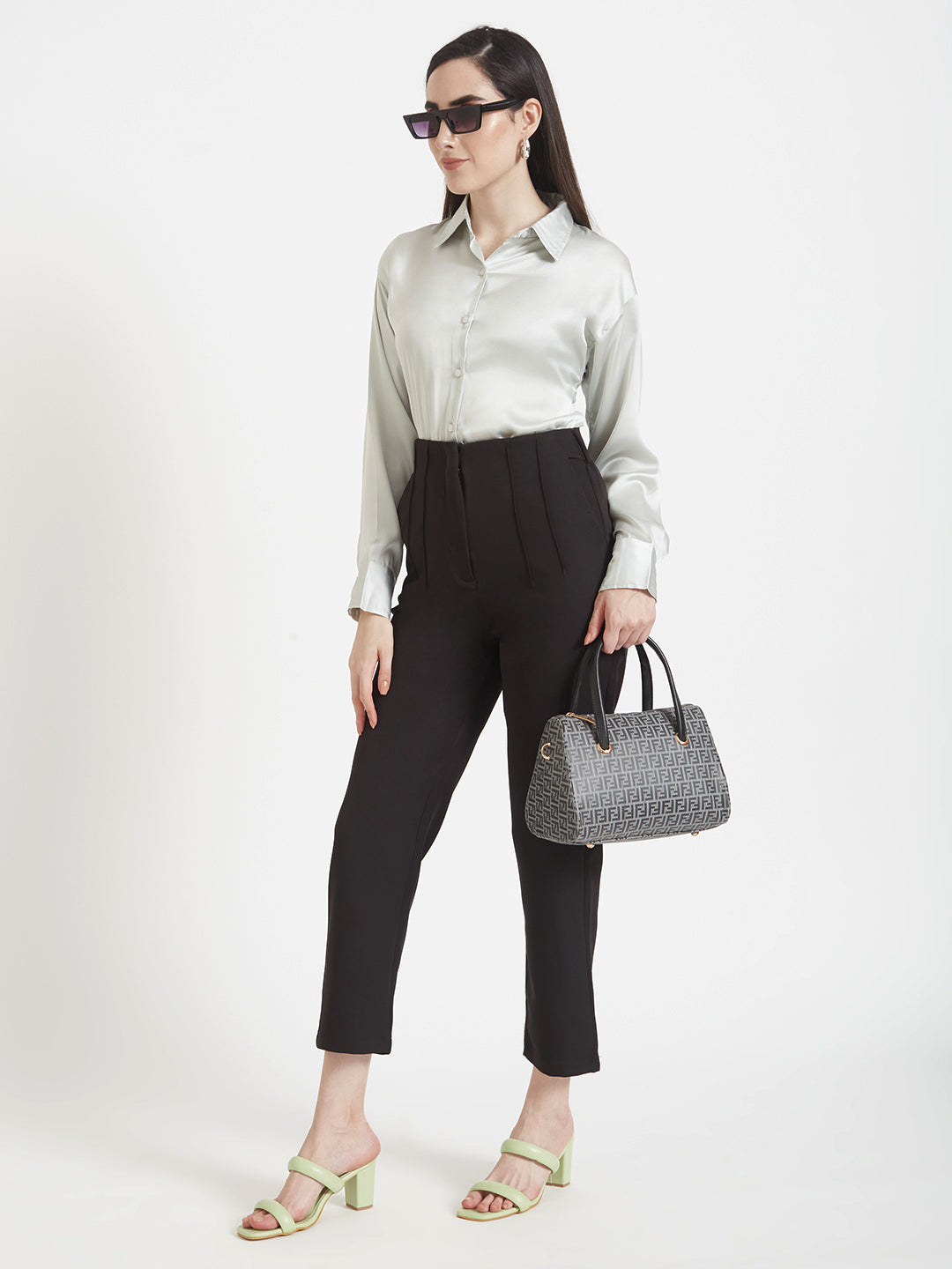 Women'S Premium Steel Grey Regular Fit Solid Satin Shirt With Black Pleated Trouser