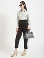Women'S Premium Steel Grey Regular Fit Solid Satin Shirt With Black Pleated Trouser