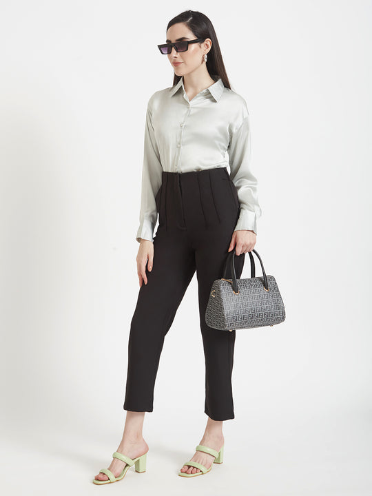 Women'S Premium Steel Grey Regular Fit Solid Satin Shirt With Black Pleated Trouser