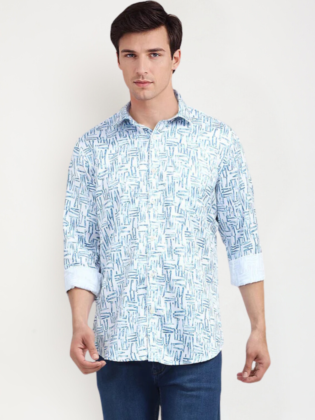 Men'S Poly Satin Lycra Blue Digital Printed Shirt