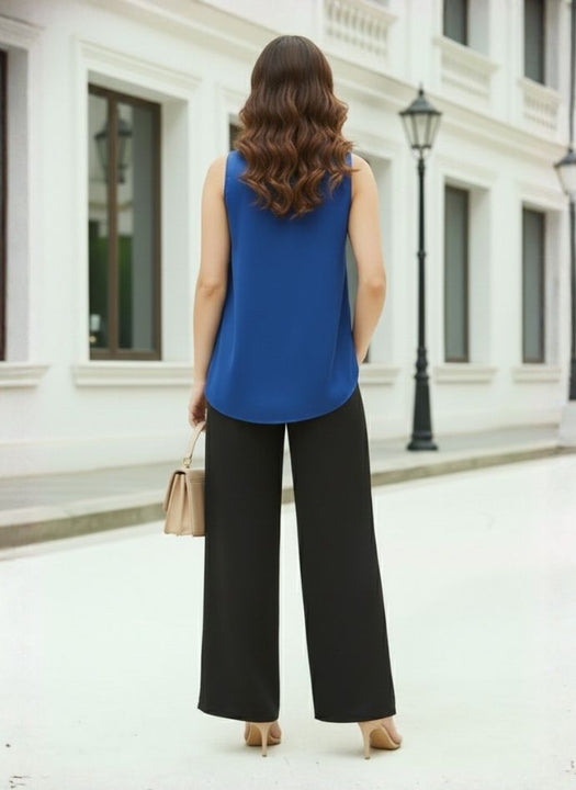 European Satin Solid Crew Neck Top