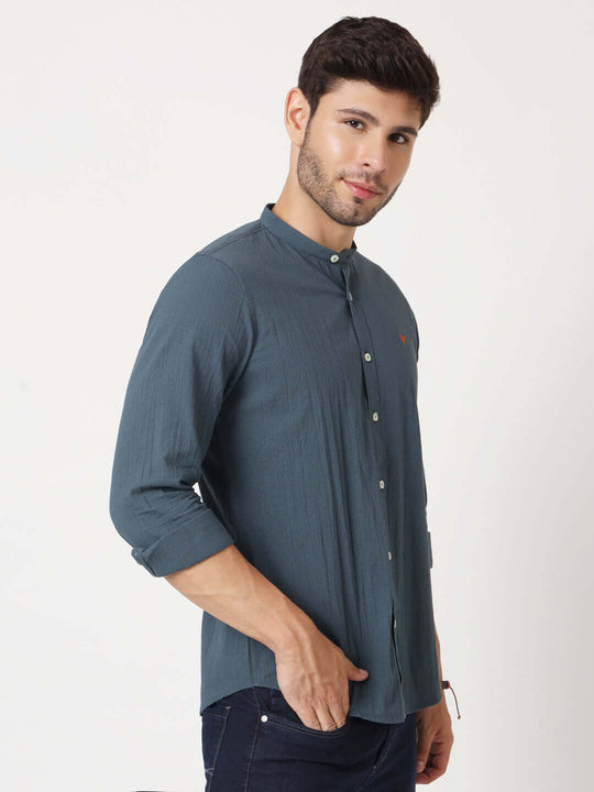 Amswan Premium Men'S Blue Crinkle Cotton Shirt - Mandarin Collar, Long Sleeves