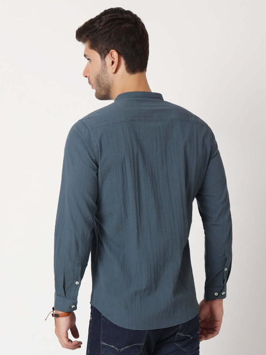 Amswan Premium Men'S Blue Crinkle Cotton Shirt - Mandarin Collar, Long Sleeves