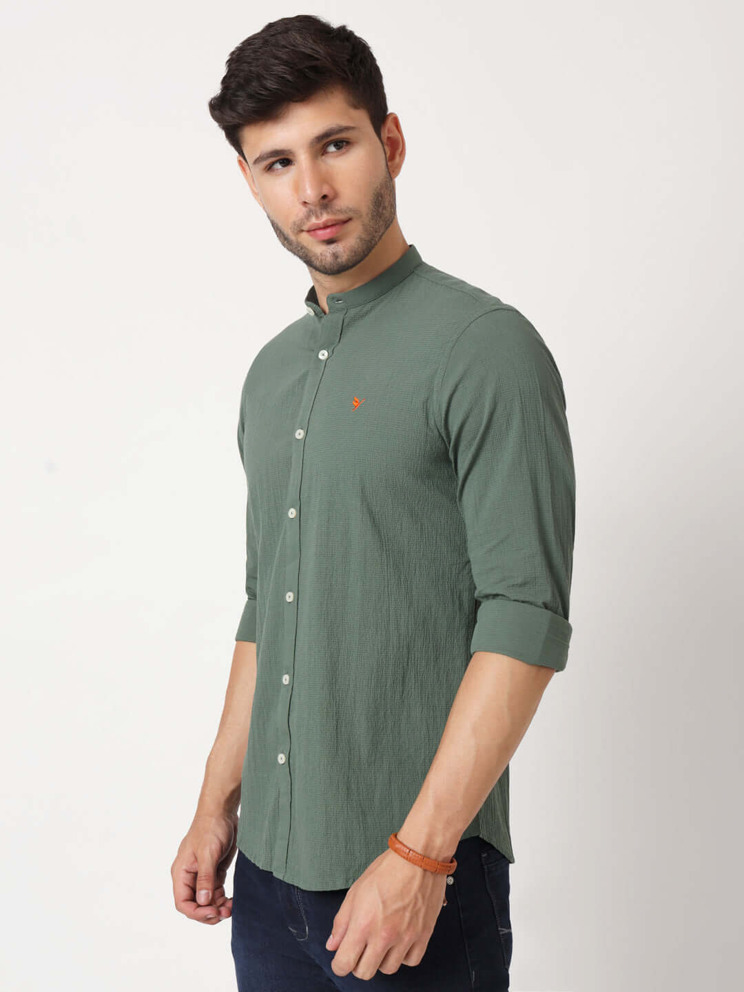 Amswan Premium Men'S Green Crinkle Cotton Shirt - Mandarin Collar, Long Sleeves