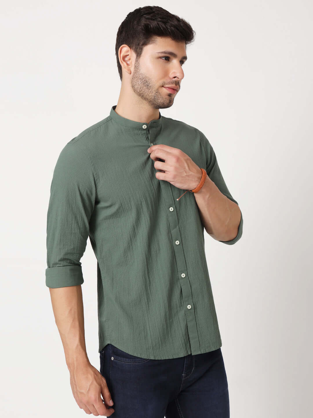 Amswan Premium Men'S Green Crinkle Cotton Shirt - Mandarin Collar, Long Sleeves