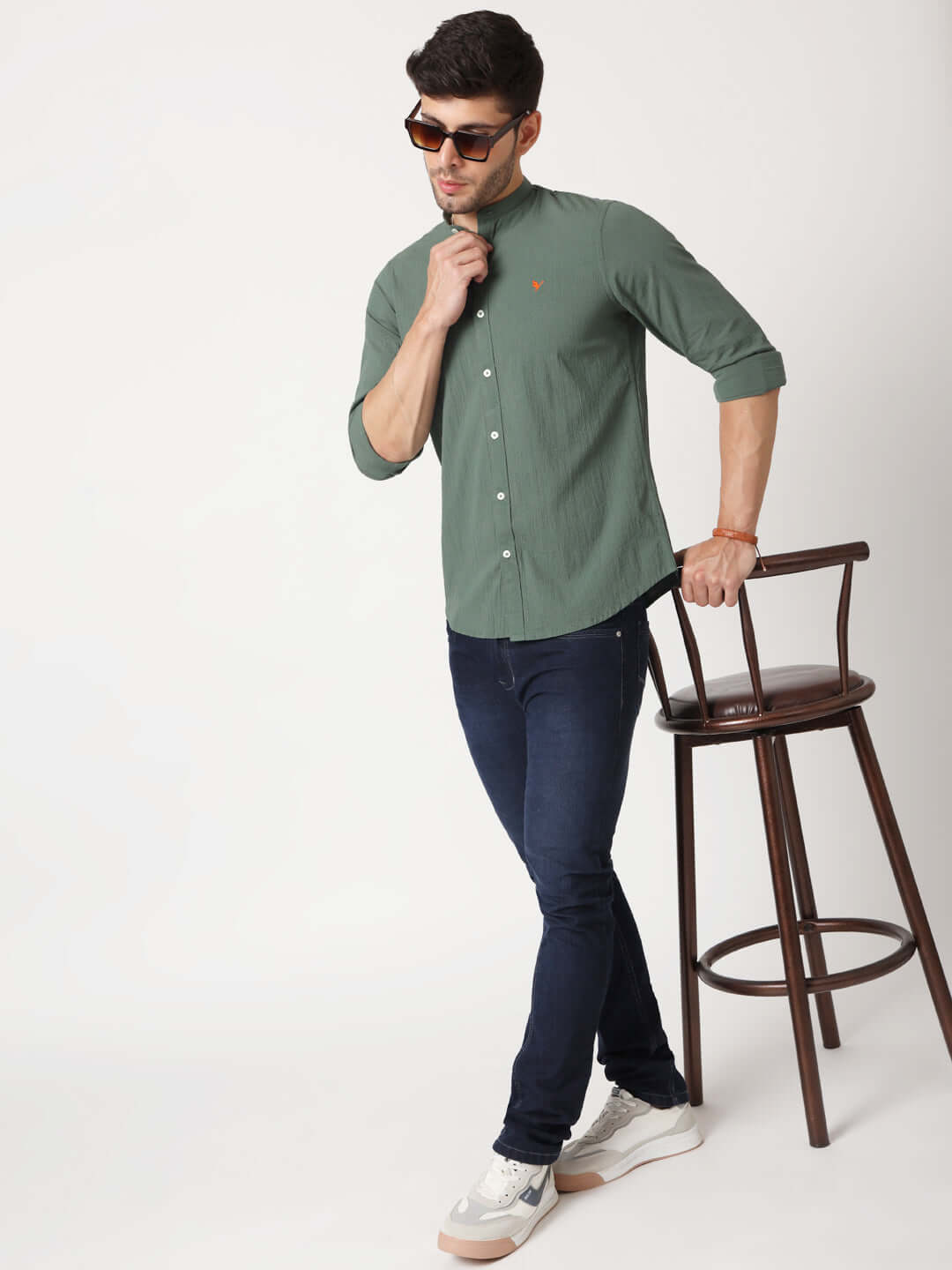 Amswan Premium Men'S Green Crinkle Cotton Shirt - Mandarin Collar, Long Sleeves