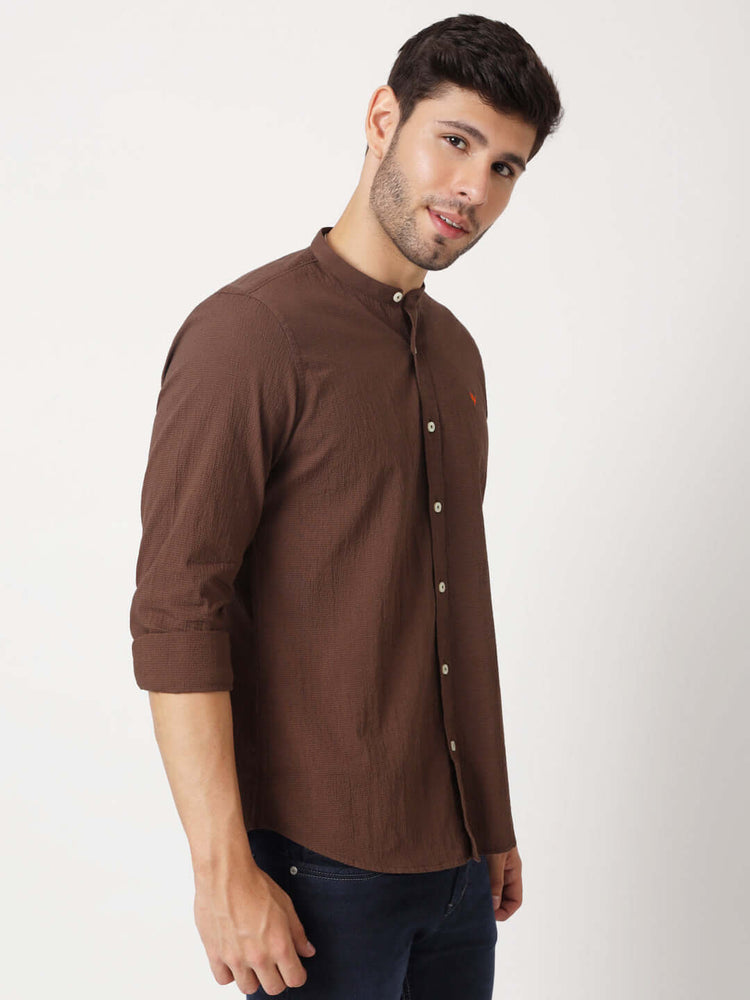 Premium Men'S Brown Crinkle Cotton Shirt - Mandarin Collar, Long Sleeves