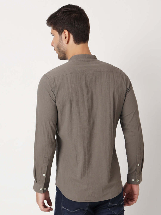 Amswan Premium Men'S Grey Crinkle Cotton Shirt - Mandarin Collar, Long Sleeves