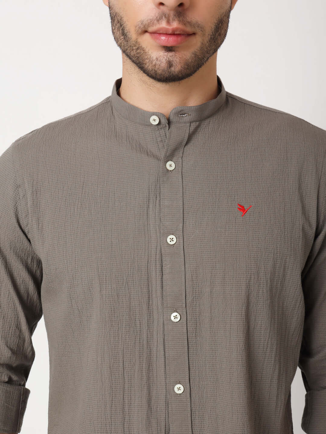 Amswan Premium Men'S Grey Crinkle Cotton Shirt - Mandarin Collar, Long Sleeves