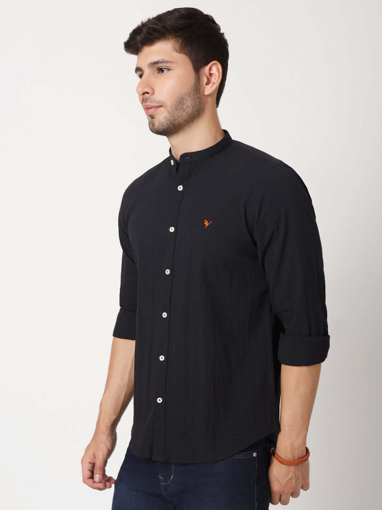 Amswan Premium Men'S Black Crinkle Cotton Shirt - Mandarin Collar, Long Sleeves