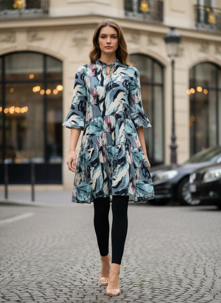 Rayon Printed Fit & Flare V Neck String Midi Dress