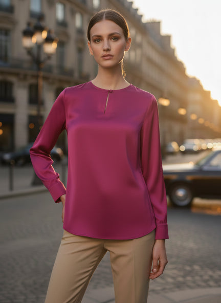 Summer Satin Magenta Mandarin Collar Button Tunic