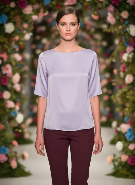 European Satin Solid Crew Neck Top