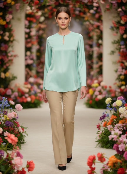 Summer Satin Mint Green Mandarin Collar Button Tunic