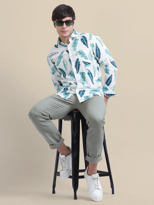 Men'S Premium Rayon Shirt With Classic White & Green Tropical Print
