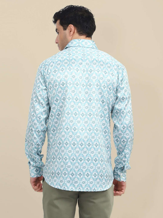 Men'S Poly Satin Lycra Blue Digital Printed Shirt