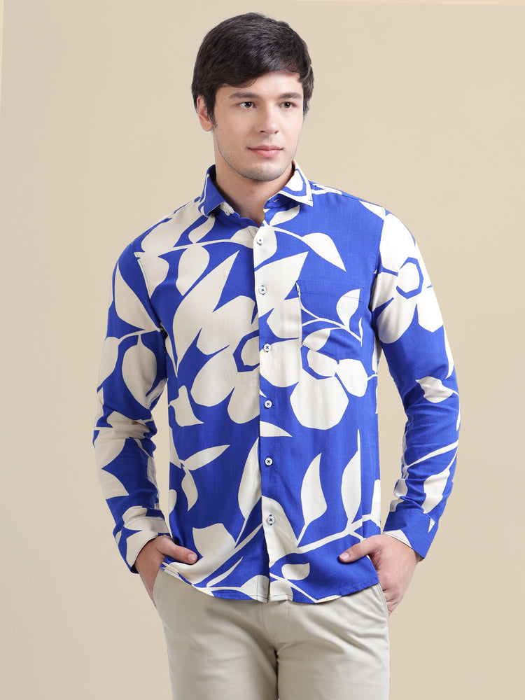 Men'S Premium Rayon Shirt With Blue Floral Print