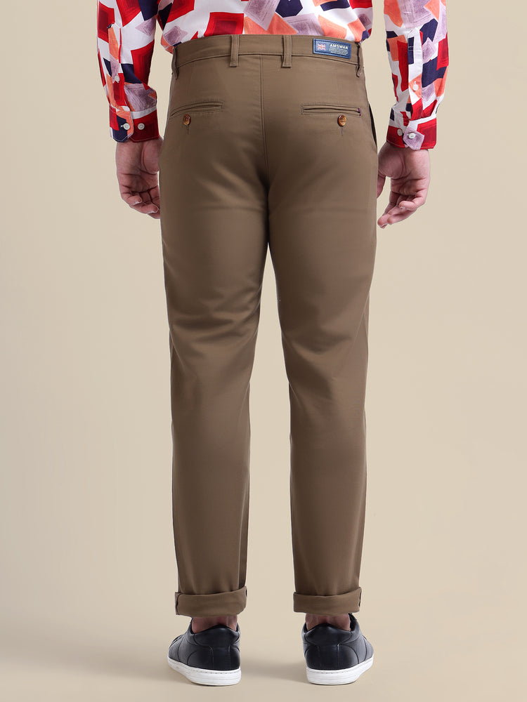 Brown Casual Trousers Solid Cotton Lycra Smart Fit
