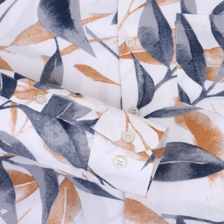 Men'S Premium Rayon Shirt With Blue And Orange Leaf Print