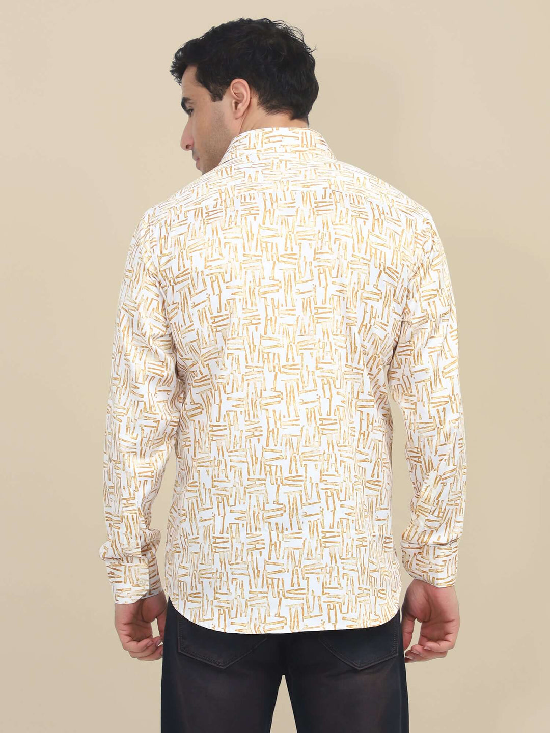 Men'S Poly Satin Lycra Mustard Digital Printed Shirt