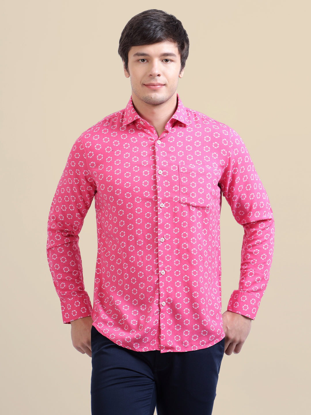 Men'S Premium Rayon Shirt With Pink Block Print