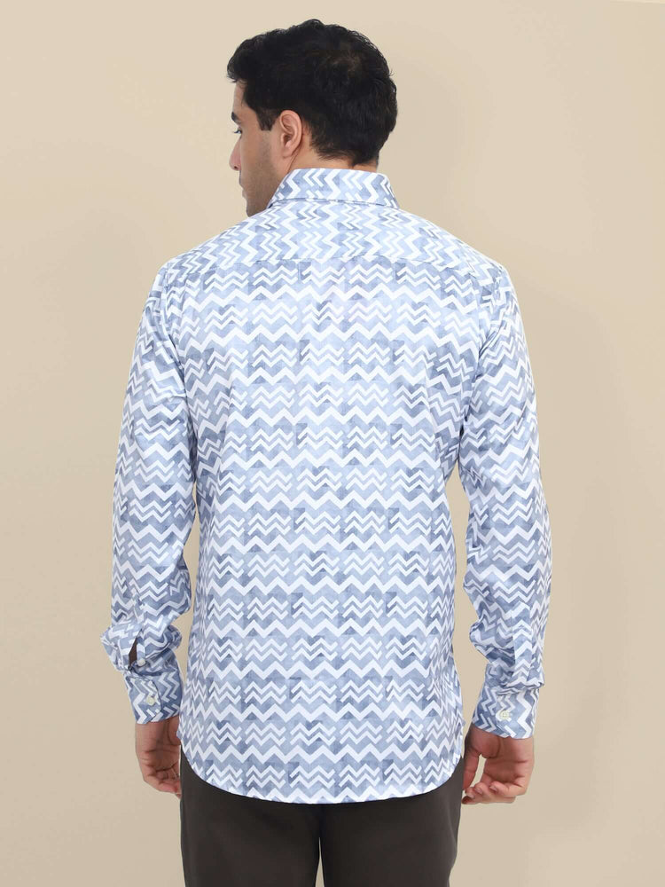 Men'S Poly Satin Lycra Grey Digital Printed Shirt