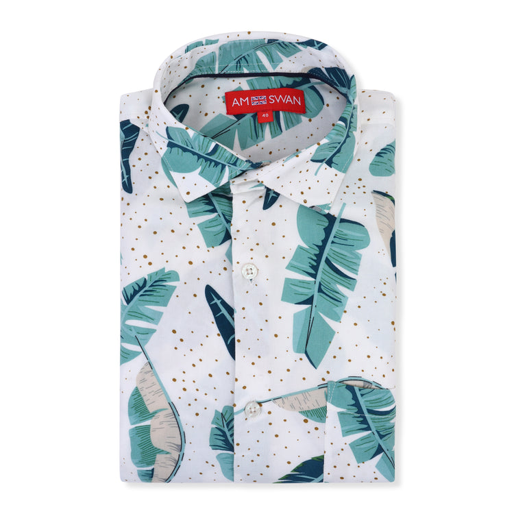 Men'S Premium Rayon Shirt With Classic White & Green Tropical Print