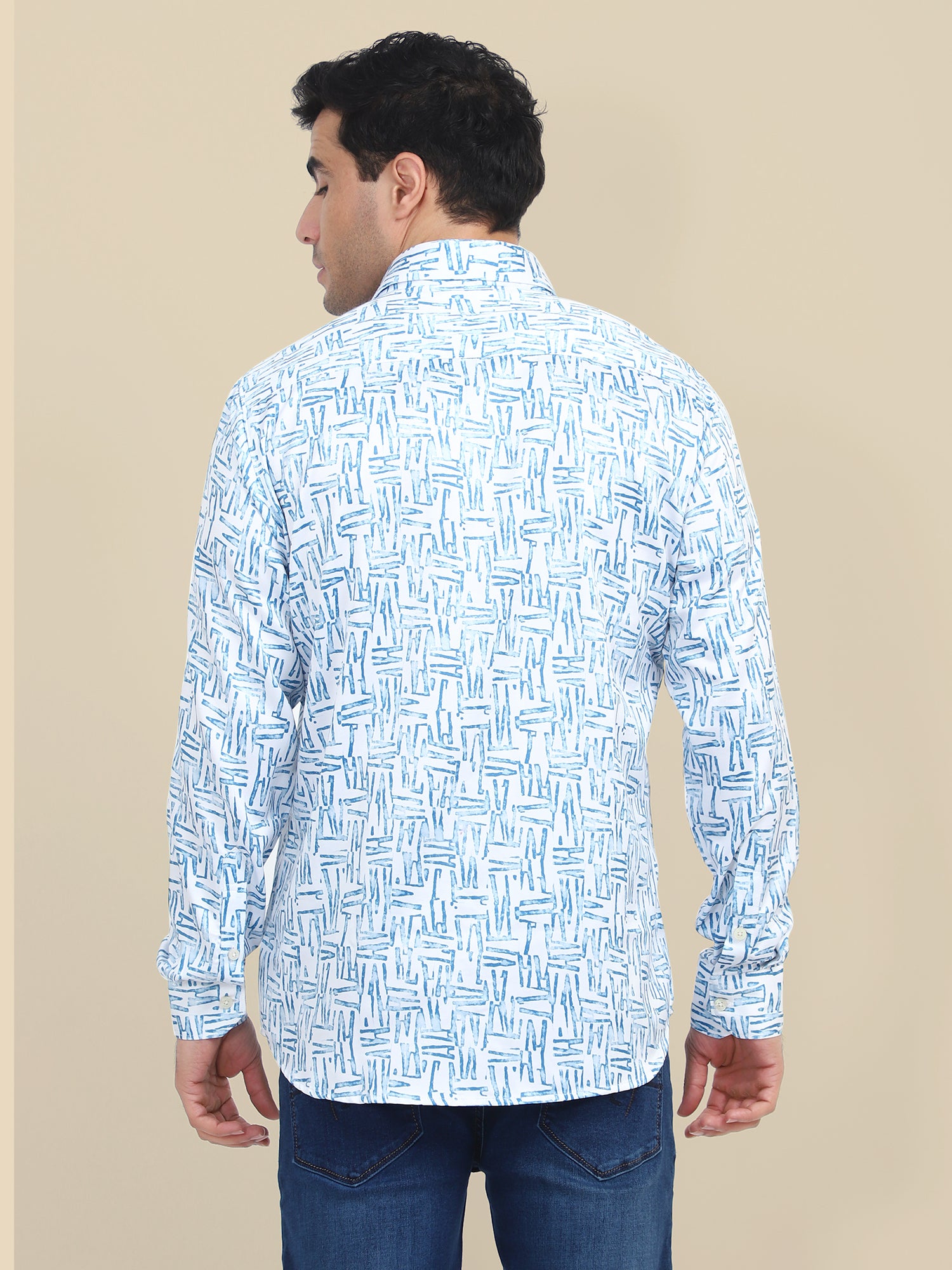 Men'S Poly Satin Lycra Blue Digital Printed Shirt