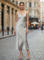 Satin Silver Grey V-Neck Midi Dress