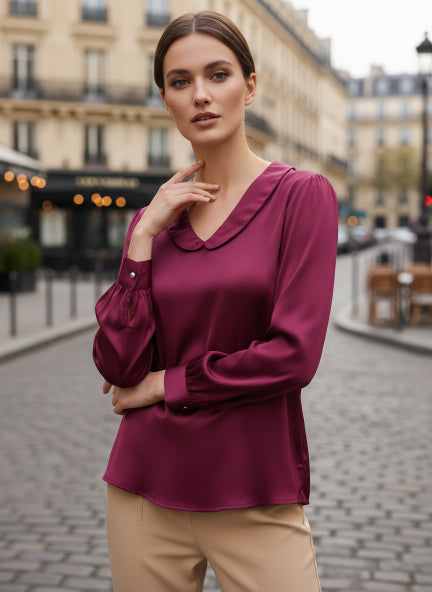 Summer Satin Deep Plum Peter Pan Collar Top