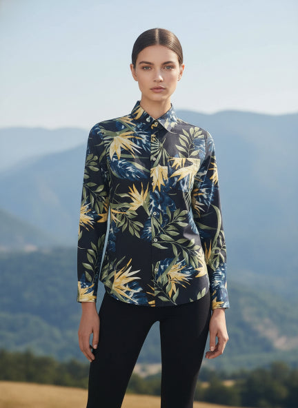 Women'S Premium Rayon Shirt With Jungle Print In Full Sleeve And Black Color