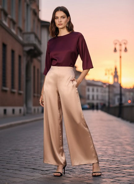 Satin Wide Leg Pants European Fabric  Rose Sand Glam Look