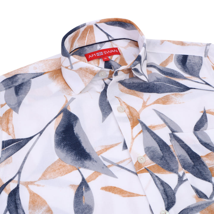 Men'S Premium Rayon Shirt With Blue And Orange Leaf Print