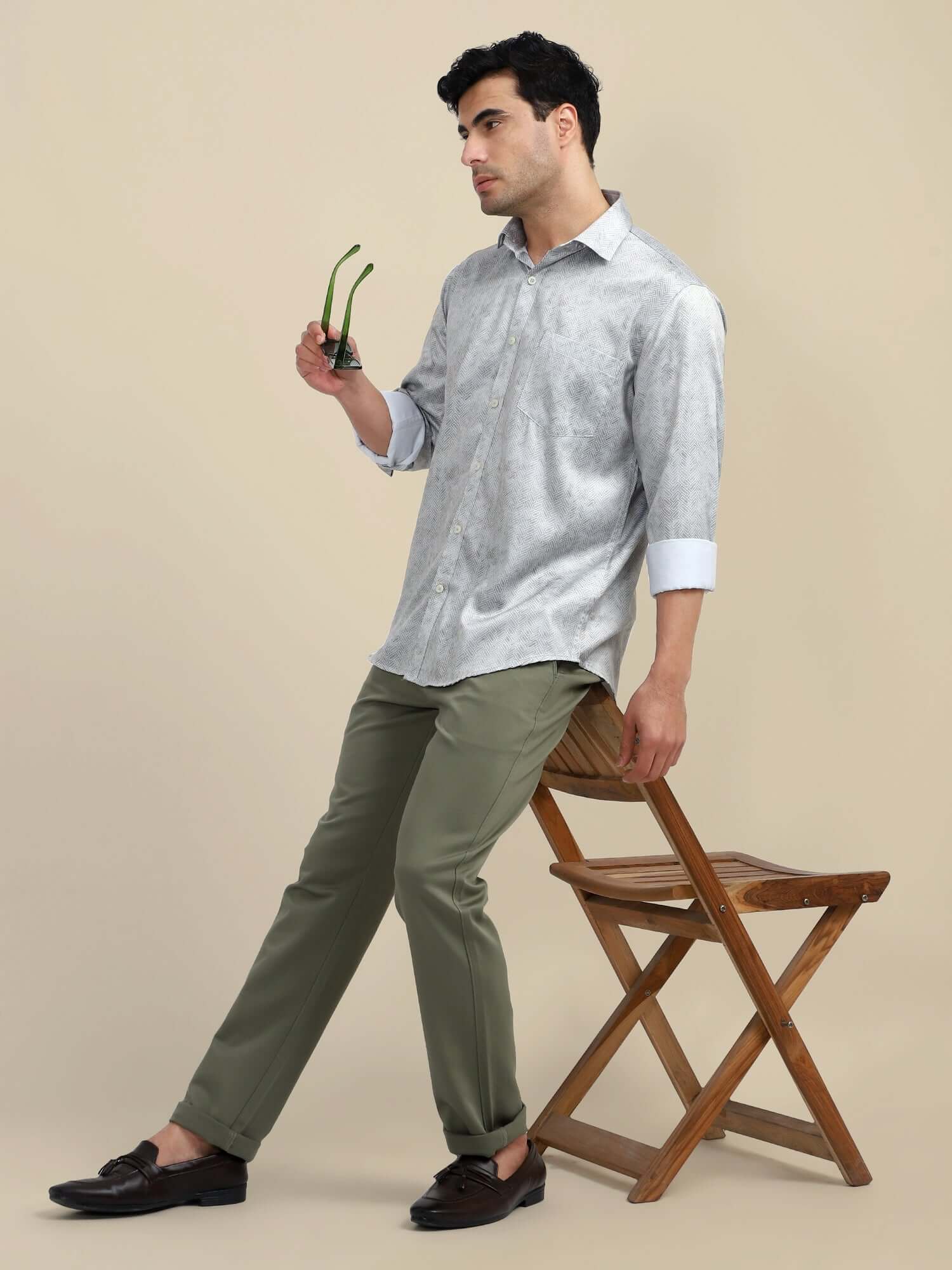 Men'S Poly Satin Lycra Grey Digital Printed Shirt