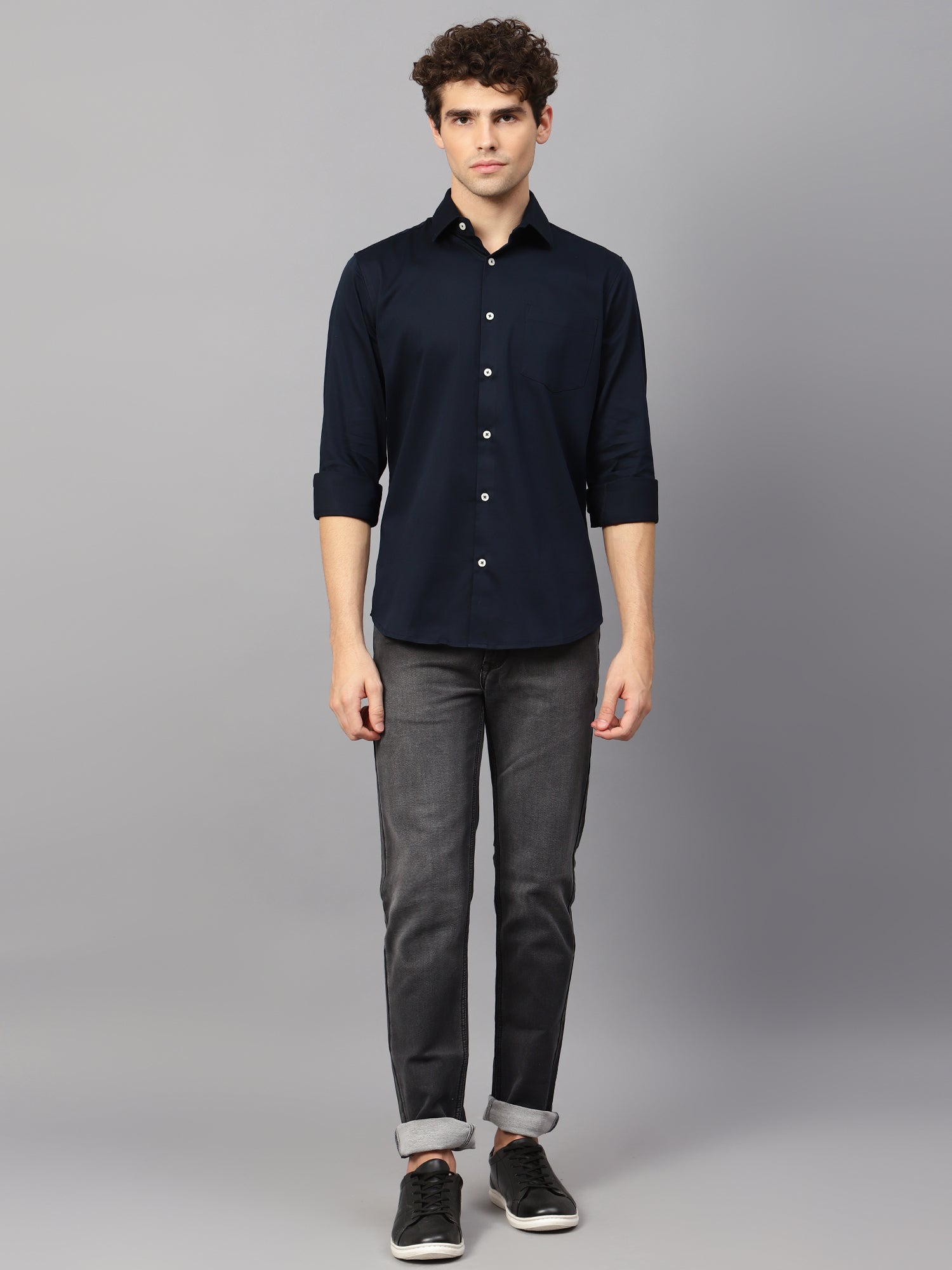 Premium Cotton Lycra Satin Navy Shirt