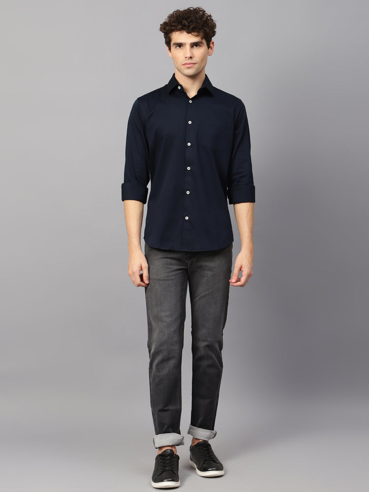 Premium Cotton Lycra Satin Navy Shirt
