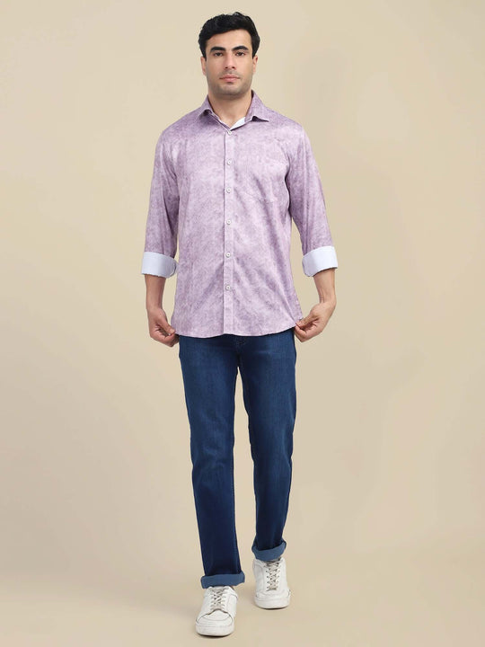 Men'S Poly Satin Lycra Purple Digital Printed Shirt