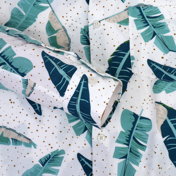 Men'S Premium Rayon Shirt With Classic White & Green Tropical Print
