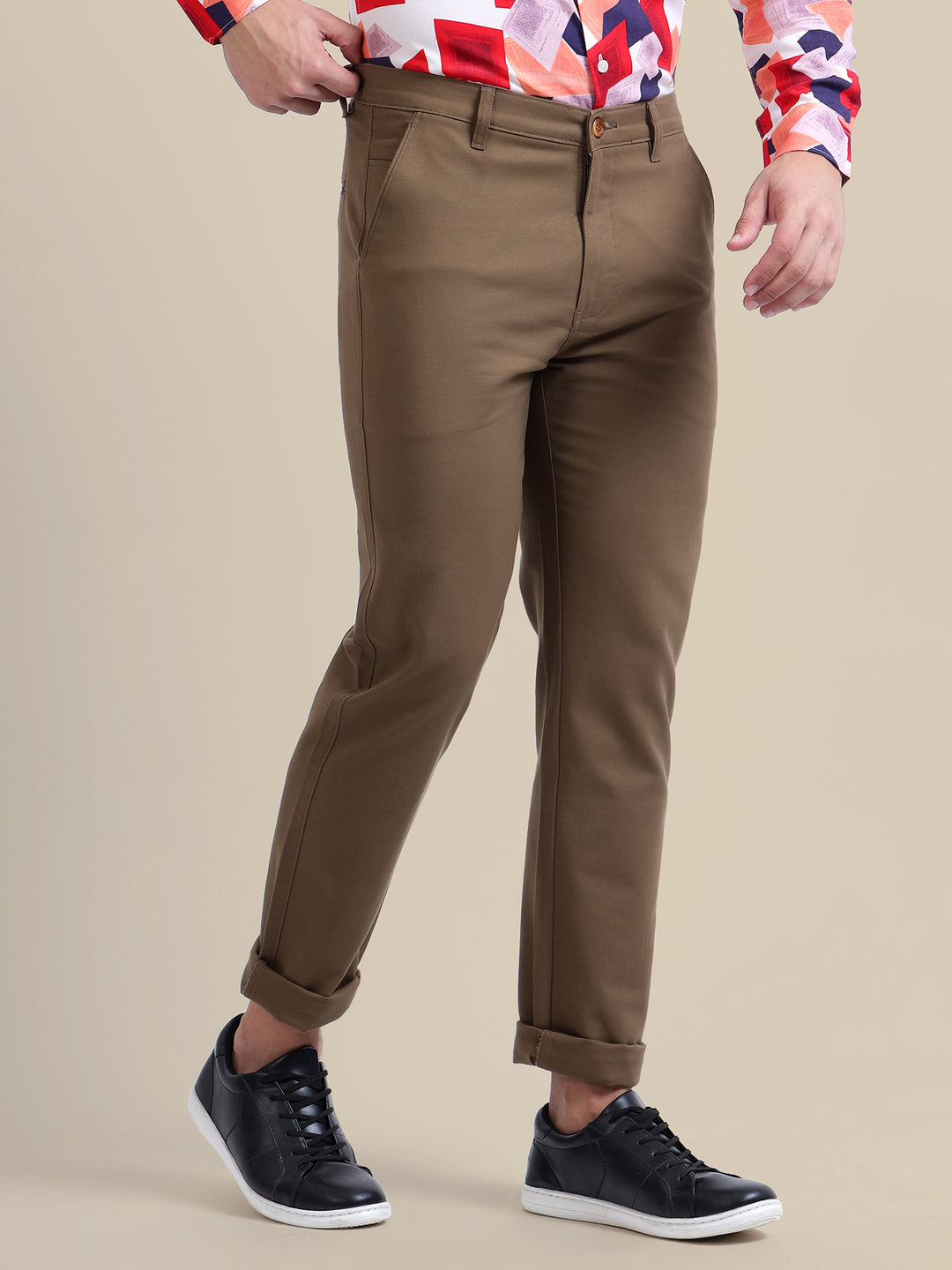 Brown Casual Trousers Solid Cotton Lycra Smart Fit