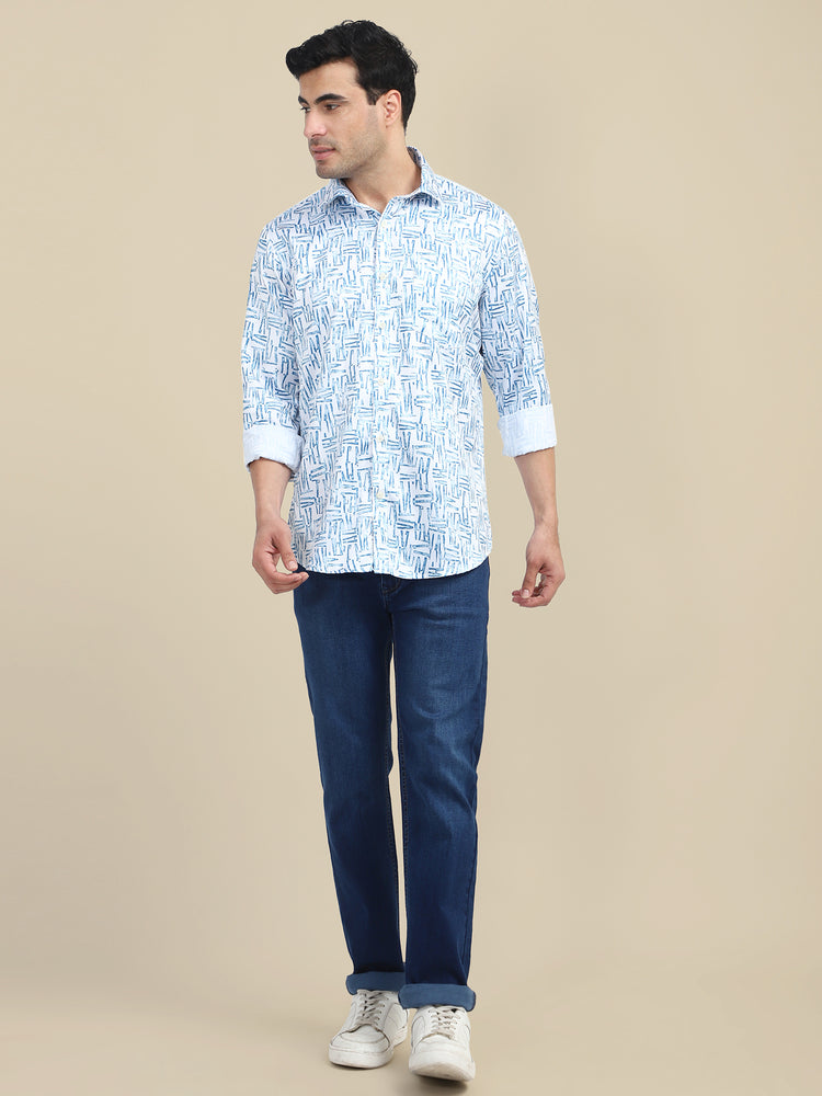 Men'S Poly Satin Lycra Blue Digital Printed Shirt
