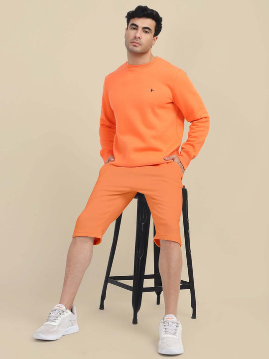 Men'S Orange Sweatshirt With Shorts Cord Set