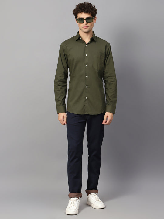 Olive Green Shirt With Premium Cotton Lycra Blend