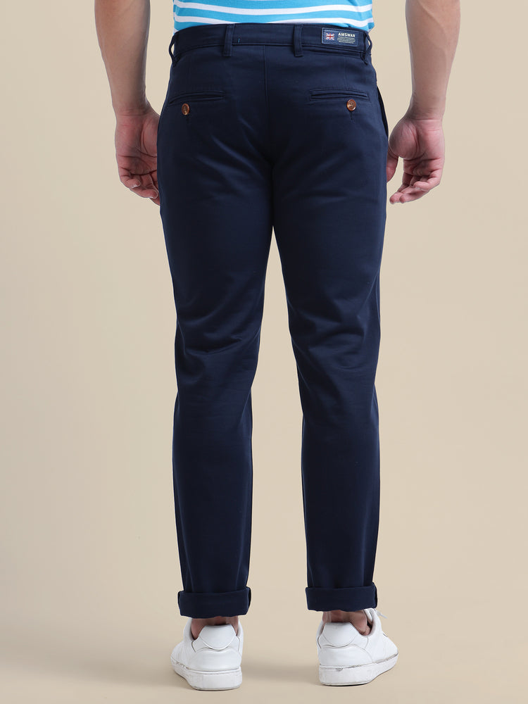 Navy Casual Trousers Solid Cotton Lycra Smart Fit